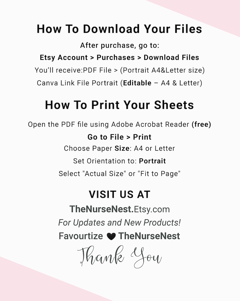 Pode incluir: Um gr&aacute;fico branco com texto preto fornece instru&ccedil;&otilde;es sobre como baixar e imprimir arquivos do Etsy. O texto inclui etapas para baixar, imprimir e visitar a loja Etsy TheNurseNest. A imagem tamb&eacute;m inclui uma mensagem de agradecimento.