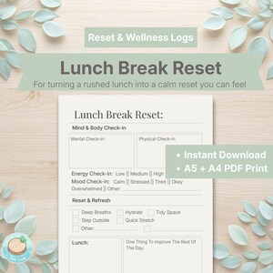 Pause déjeuner Réinitialiser Imprimable | et bien-être | Feuille de travail de midi | Enregistrement bien-être au travail | Feuille de réflexion Simple Pause | Routine