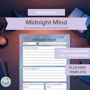 Mente de Medianoche Imprimible + Página de Notas Gratis / Diario Nocturno / Pensamiento Excesivo / Diario de Bienestar / Hoja de Trabajo de Reflexión Estética Nocturna
