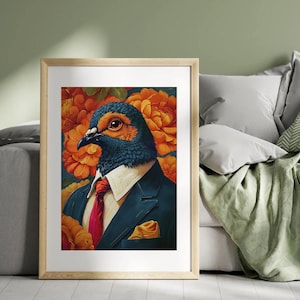 Anthropomorphic Pigeon Art Print – Dapper Urban Bird in Suit | Psychedelic Floral Pigeon Illustration | Quirky City Bird Wall Art
