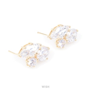 Three Cubic Zirconia Stud Earrings in Gold, Cubic Zirconia Ear Stud / CG-024-E