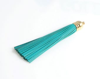 Blue Leather Tassel with Bell Cap in Gold, Blue Cowhide Tassel / LBUG-006-T (1 piece)