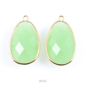 Light Mint Oval Glass Charm in Gold, Glass Framed Pendant / GLMG-045-P