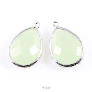 Light Mint Teardrop Glass Charm in Rhodium, Framed Drop Glass Gem / GLMRH-044-P