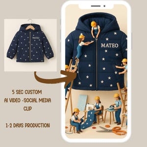 以下が含まれることがあります： 白い星模様と「MATEO」の名前が入った、ネイビーブルーの子供用ジャケット。 ジャケットにはフードとジッパーが付いています。 画像には「5 SEC CUSTOM AI VIDEO - SOCIAL MEDIA CLIP 1-2 DAYS PRODUCTION」というテキストも含まれています。