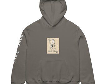 May include: A gray hoodie with a front pocket and hood. The hoodie features a cartoon graphic on the front and the words "Punk Rock" printed on the left sleeve in white. The graphic depicts a person with a mohawk.