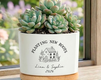 Personalized Housewarming Planter with Name and Year, New Home Plant Pot Gift for Couple, Planting New Roots Succulent Planter