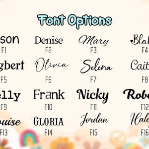 May include: Image displaying font options for custom designs. The text "Font Options" is at the top. Names such as Alison, Denise, Mary, and Blake are shown in different font styles, each with a number.