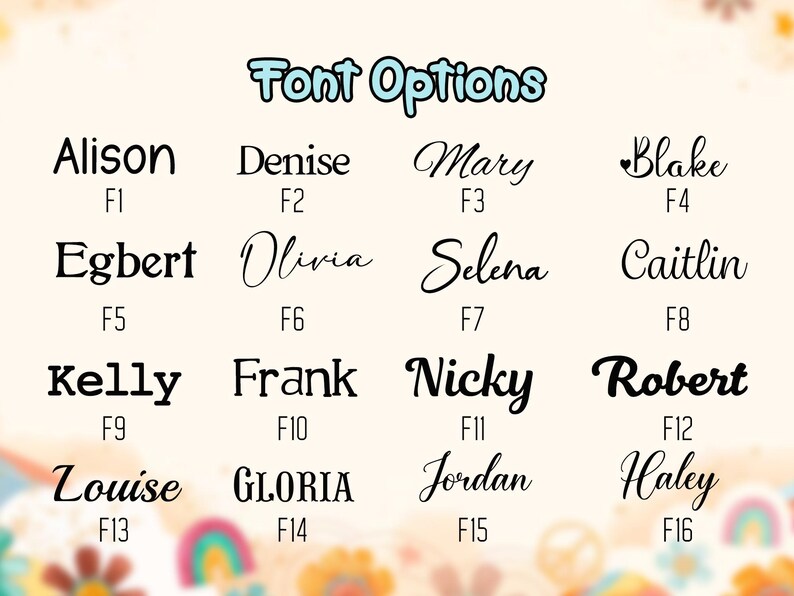 May include: Image displaying font options for custom designs. The text "Font Options" is at the top. Names such as Alison, Denise, Mary, and Blake are shown in different font styles, each with a number.