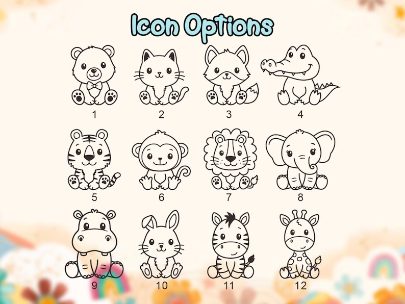 May include: Twelve cartoon animal icons are displayed, including a bear, cat, fox, alligator, tiger, monkey, lion, elephant, hippo, rabbit, zebra, and giraffe. The text "Icon Options" is at the top.