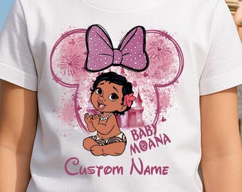 Baby Moana Custom Name Shirt – Personalized Disney Girl Toddler Tee with Bow and Castle – Cute Vacation or Birthday Outfit, Toddlers Shirt