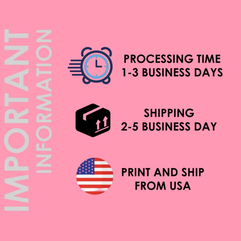 three icons representing shipping information, including processing time, shipping days, and print and ship from the USA.