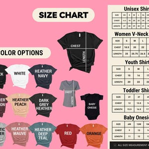 The image is a size chart for various clothing items, including t-shirts, hoodies, and v-neck shirts. It provides measurements for different sizes, such as chest, waist, and length, along with color options for each size. The chart is designed to help customers determine the appropriate size for their desired clothing item.