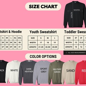 a size chart for various types of sweatshirts and hoodies, along with color options. The chart includes measurements for different age groups, such as children, youth, and adults, and provides corresponding color options for each size.