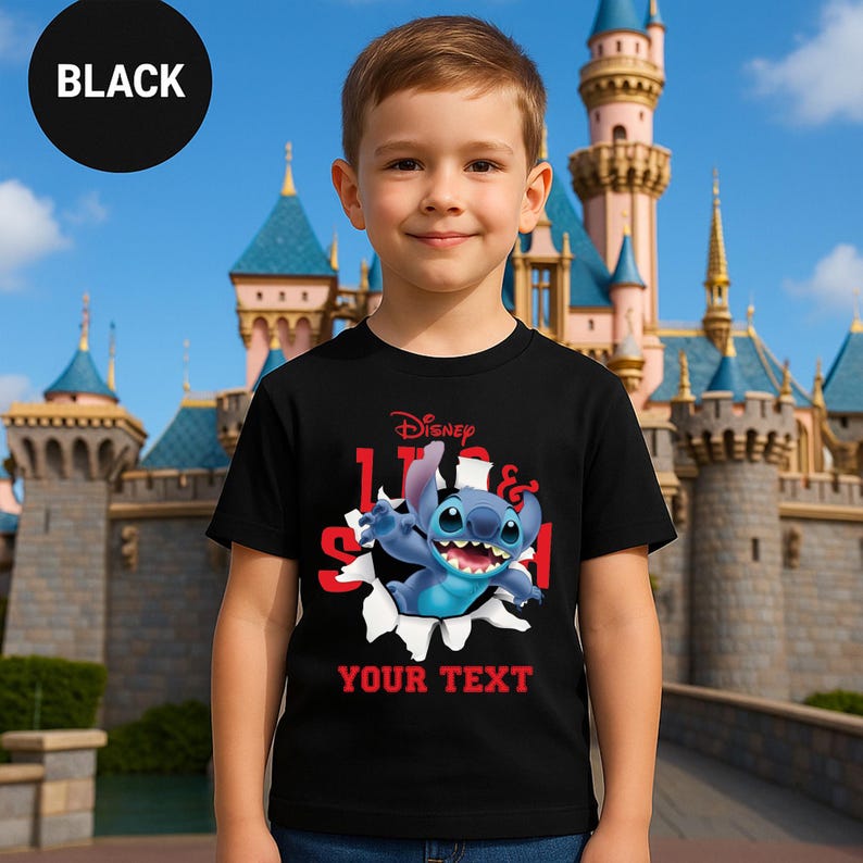 A young boy wearing a black t-shirt with a Disney character printed on it, standing in front of a castle.