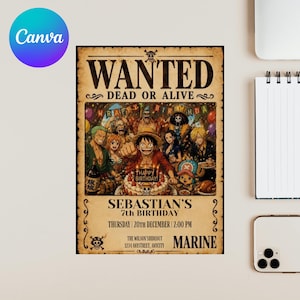 May include: A birthday party invitation designed as a "Wanted" poster, featuring cartoon characters and the text "Happy Birthday!" The invitation includes the name "Sebastian's", the date, time, and location.