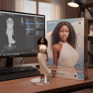 Könnte beinhalten: Eine Puppenfigur einer Frau in einem weißen Neckholder-Kleid, die auf einer transparenten kreisförmigen Basis steht. Die Puppe befindet sich neben einer Schachtel mit einem ähnlichen Bild. Ein Computerbildschirm zeigt ein 3D-Modell der Puppe.