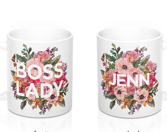 Personalized Boss Lady Mug with Name Gift, Graduation Coffee Cup, Floral Typography Female Empowerment Message, Coworker Gift Funny Saying