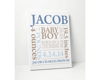 CANVAS PRINT: Baby Boy Gift Personalized Nursery Art with Baby Name Birthdate in Blue Khaki or Customize Wall Decor