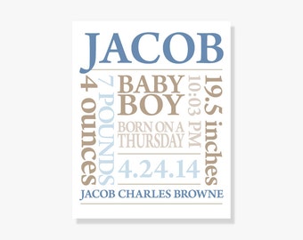 ART PRINT: Personalized Baby Boy Nursery Decor Made to Order Baby Name Print in Blue and Khaki or Customize Colors!