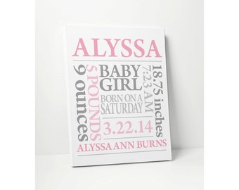 Personalized Baby Gift Birth Announcement Date Time Weight Nursery Decor Girl Custom Sign Pink Canvas Ready to Hang