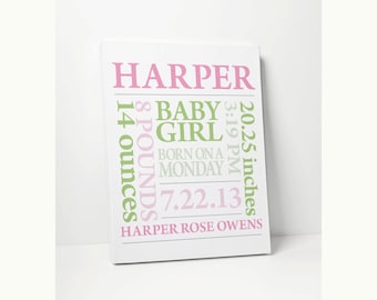 CANVAS PRINT: Nursery Art - Subway Art Baby Name Print Personalized in Pink & Green or Customize Colors Wall Decor