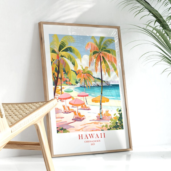 Custom Hawaii Personalized Travel Print, Beach Ocean Poster Honeymoon Vacation State Picture Pink Teal Landscape Painting, Instant Download