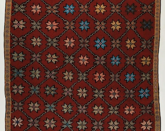 Vintage türkischer Usak-Kelim-Teppich, 183 x 274 cm, rotbraunes geometrisches Muster, handgewebter anatolischer Flachgewebeteppich aus Wolle, 183 x 274 cm