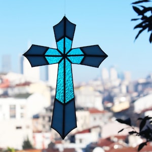 Stained Glass Cross – 16x19.6 in – Deep Blue Textured Glass – Handmade Christian Window Panel – Copper Foil & Lead Frame – Gift Art