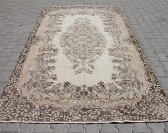 Vintage Oushak-matta 1,8 x 2,7 m, sliten turkisk ullmatta, handknuten beigebrun neutral anatolisk matta, 190 x 280 cm