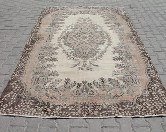 Vintage Turkish Oushak Rug 6x9 Ft, Beige Brown Geometric Wool Rug, Handknotted Anatolian Area Rug, Neutral Carpet, 72x108 Inches