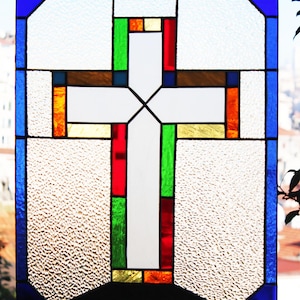 Multicolor Textured Glass Cross Panel – Handmade Stained Glass – 16&quot;x24&quot; – Religious Wall Art