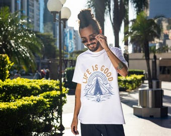 Life Is Good Camping T-Shirt: Minimalist Tent Campfire Design