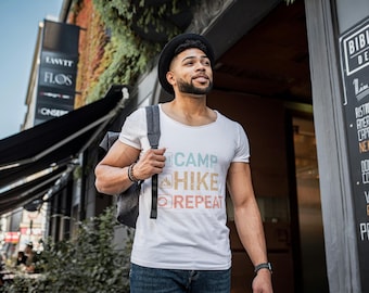 Camp Hike Repeat T-Shirt – Hiking Camping Tee, Outdoor Adventure Shirt, 100% Cotton Unisex Fit