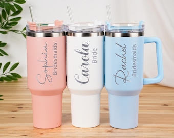 Personalized 40oz Name Tumbler with Handle & Straw, Stainless Steel Water Cups, Laser Engraved Cups, Girl's Trip Tumblers, Bridesmaid Gifts