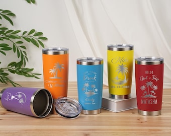 Personalized 20oz Holiday Tumbler,Custom Engraved Travel Mug,Laser Engraved Cups,Skinny Tumbler with Name,Beach Tumbler,Bridesmaid Gifts