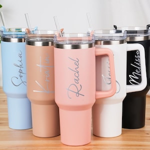 Personalized 40oz Tumbler with Handle, Custom Engraved Stainless Steel Straw Cup, Vacation Cups, Bridesmaid Proposal, Anniversary Gift image 1