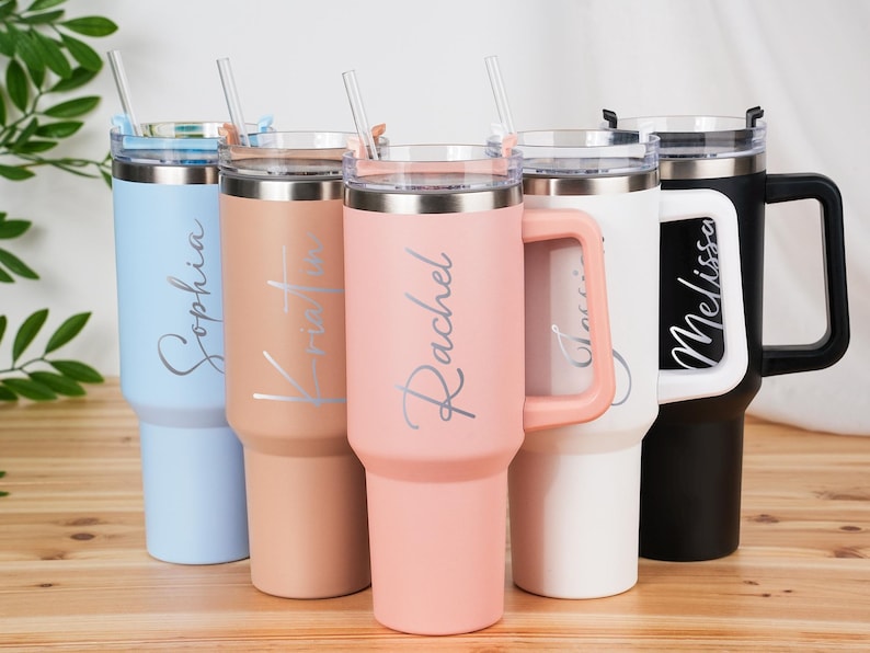 Personalized 40oz Tumbler with Handle, Custom Engraved Stainless Steel Straw Cup, Vacation Cups, Bridesmaid Proposal, Anniversary Gift image 1