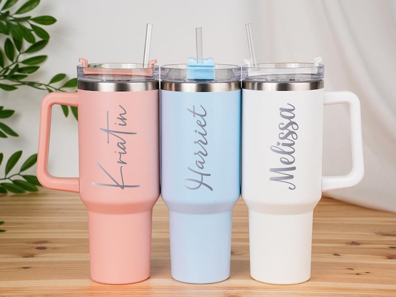 Personalized 40oz Tumbler with Handle, Custom Engraved Stainless Steel Straw Cup, Vacation Cups, Bridesmaid Proposal, Anniversary Gift image 2