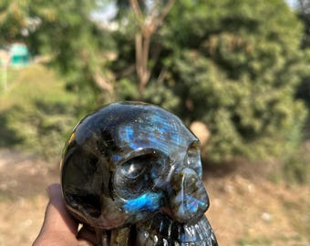 Escultura de calavera de cristal de labradorita, figura de calavera tallada a mano en piedra preciosa, decoración de cristal para el hogar