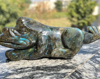 May include: A carved labradorite frog figurine. The frog is in a resting pose, with its legs extended. The stone has a mix of dark green, blue, and gray colors, with a glossy finish. The frog is a decorative item.