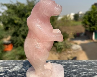 Rose Quartz Crystal Bear | Carved Stone Animal Sculpture