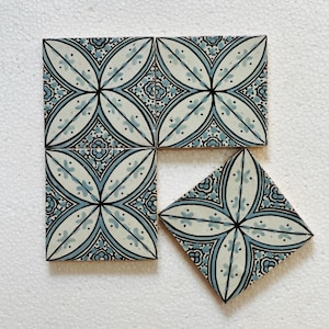 Puede incluir: Conjunto de baldosas cerámicas decorativas. Las baldosas presentan un patrón floral repetitivo en tonos azules y blancos, con líneas negras. Las baldosas están dispuestas en una formación cuadrada, con una baldosa colocada en diagonal.