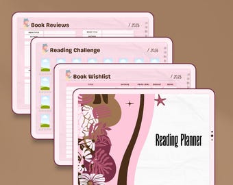 Könnte beinhalten: Digitaler Leseplaner in Rosa mit den Texten "Reading Planner", "Book Reviews", "Reading Challenge" und "Book Wishlist". Das Bild enthält auch den Text "Organising, but make it cute" und "LunaDigitalsGoods".