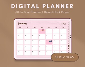 Puede incluir: Un planificador digital con un calendario rosa para enero de 2026, sobre un fondo marrón claro. Se muestra el texto "DIGITAL PLANNER" y "All-In-One Planner | Hyperlinked Pages". Un botón "SHOP NOW" es visible.