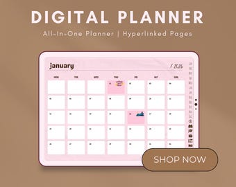 Könnte beinhalten: Ein digitaler Planer mit einem rosa Kalender für Januar 2026, vor einem hellbraunen Hintergrund. Der Text "DIGITAL PLANNER" und "All-In-One Planner | Hyperlinked Pages" sind zu sehen. Ein "SHOP NOW"-Button ist vorhanden.