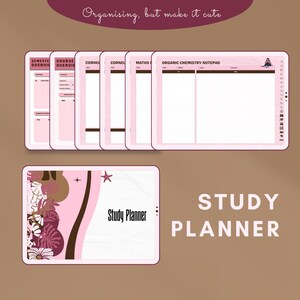 K&ouml;nnte beinhalten: Rosa Lernplaner und Notizbl&ouml;cke mit floralem Design und dem Text "Study Planner". Die Notizbl&ouml;cke enthalten Abschnitte f&uuml;r Kurs&uuml;bersichten, Cornell-Notizen und organische Chemie. Der Satz "Organising, but make it cute" steht oben.