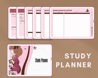 May include: Pink study planner and notepads with a floral design and the text "Study Planner". The notepads include sections for course overviews, Cornell notes, and organic chemistry. The phrase "Organising, but make it cute" is written at the top.