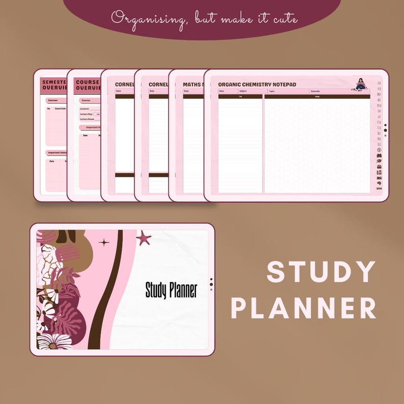 K&ouml;nnte beinhalten: Rosa Lernplaner und Notizbl&ouml;cke mit floralem Design und dem Text "Study Planner". Die Notizbl&ouml;cke enthalten Abschnitte f&uuml;r Kurs&uuml;bersichten, Cornell-Notizen und organische Chemie. Der Satz "Organising, but make it cute" steht oben.