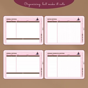 K&ouml;nnte beinhalten: Vier rosa digitale Notizbl&ouml;cke mit verschiedenen Layouts f&uuml;r Cornell, Mathe und Organische Chemie. Jeder Notizblock hat ein wei&szlig;es Innere mit braunem Rand und eine kleine Illustration. Der Text "Organising, but make it cute" steht oben.